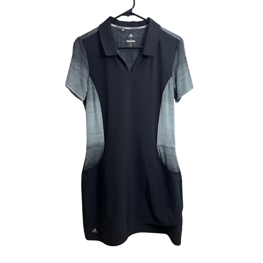 Adidas Golf Dress Womens Medium Black Grey Ombre Short Sleeve Pockets V-Neck